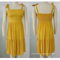 Woven Yellow Smocking Shoulder Straps Dress